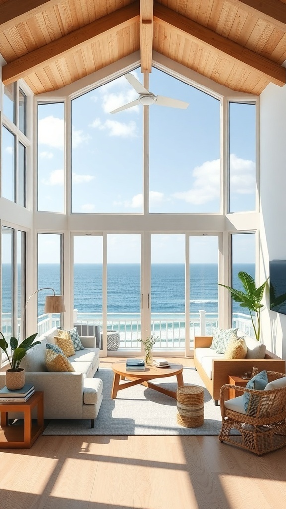 Living room with large windows showcasing ocean views in a coastal house.