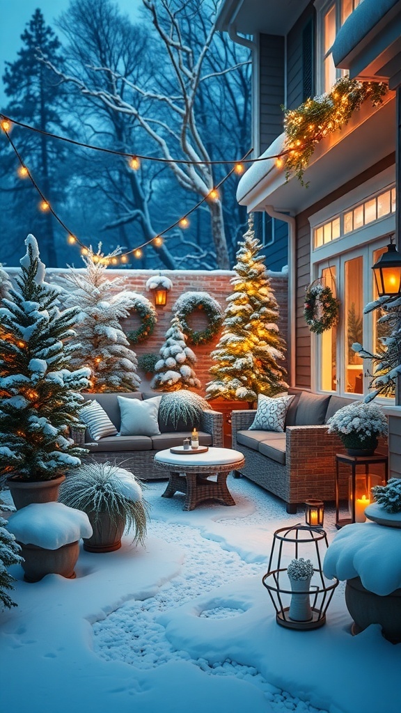 A cozy winter garden with snow-covered trees, warm lights, and a comfortable seating area.