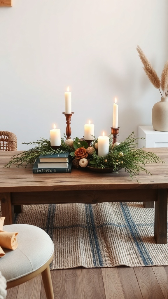A rustic coffee table decorated with candles, greenery, and books.