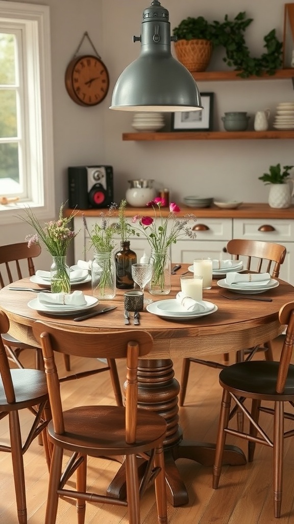 A round farmhouse kitchen table set with plates, candles, and flowers in a warm kitchen setting.
