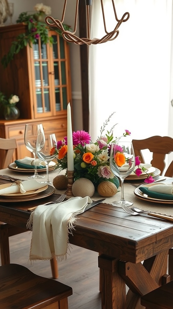 A rustic farmhouse dining table set with a floral centerpiece, elegant glassware, and natural textures.