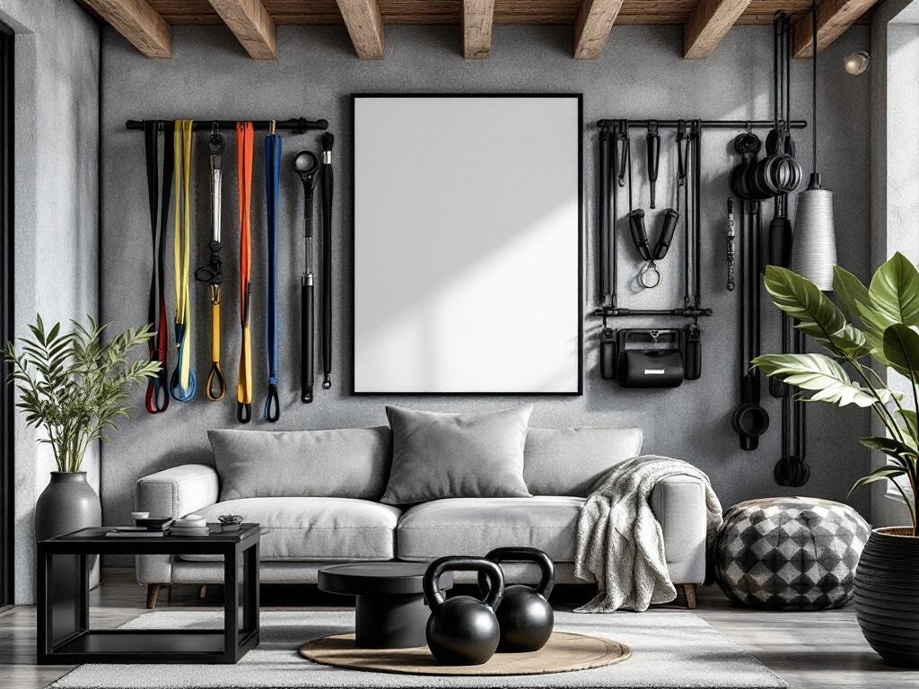 A modern home gym featuring organized gym accessories, a cozy sofa, and plants.