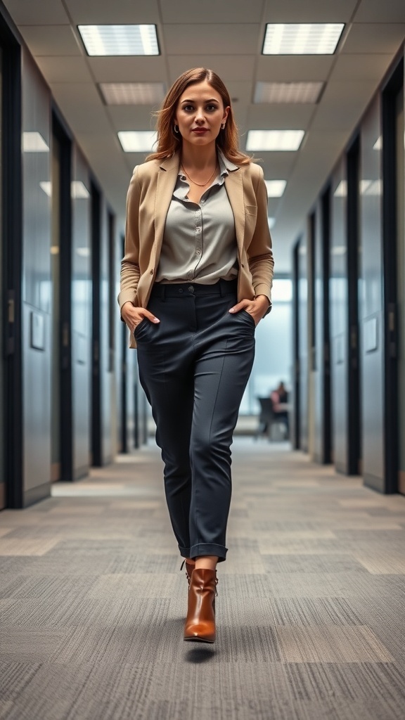 A woman walking confidently in an office corridor, wearing a blazer, blouse, tailored pants, and stylish brown ankle boots.