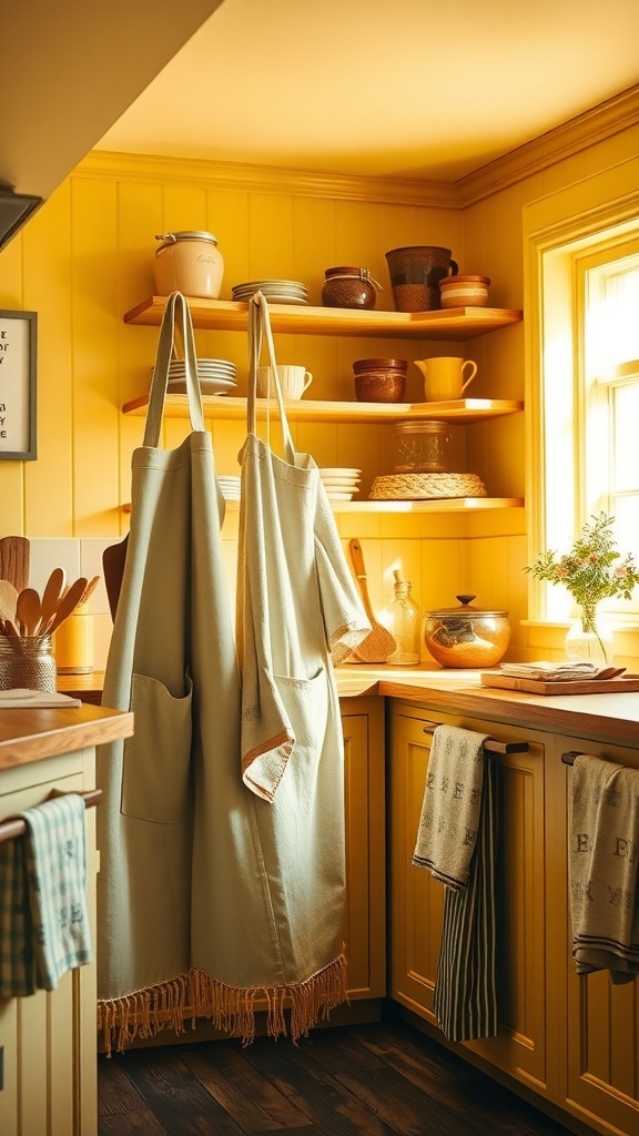 Stylish aprons and towels hanging in a yellow farmhouse kitchen