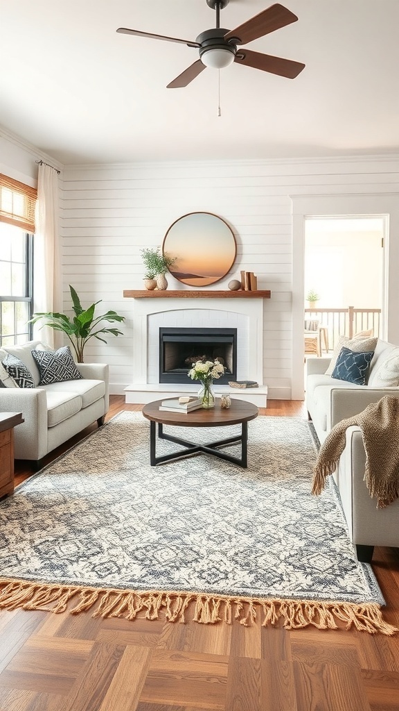 A cozy farmhouse living room with a stylish area rug