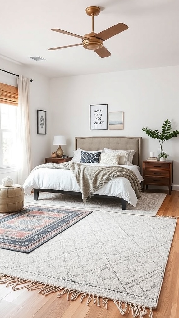 A modern farmhouse bedroom featuring a stylish area rug