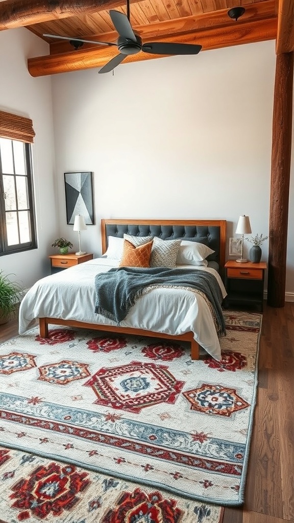 A rustic modern bedroom featuring a stylish area rug with intricate patterns.