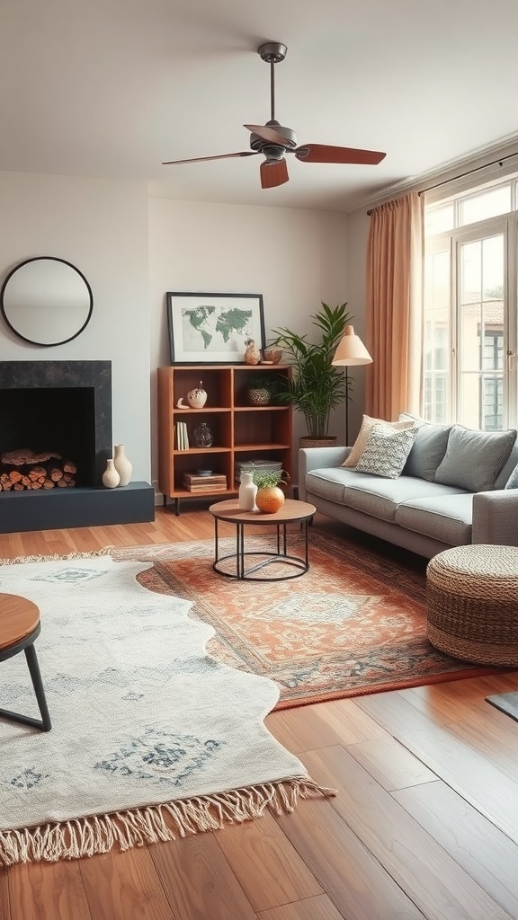 A stylish industrial farmhouse living room featuring area rugs.