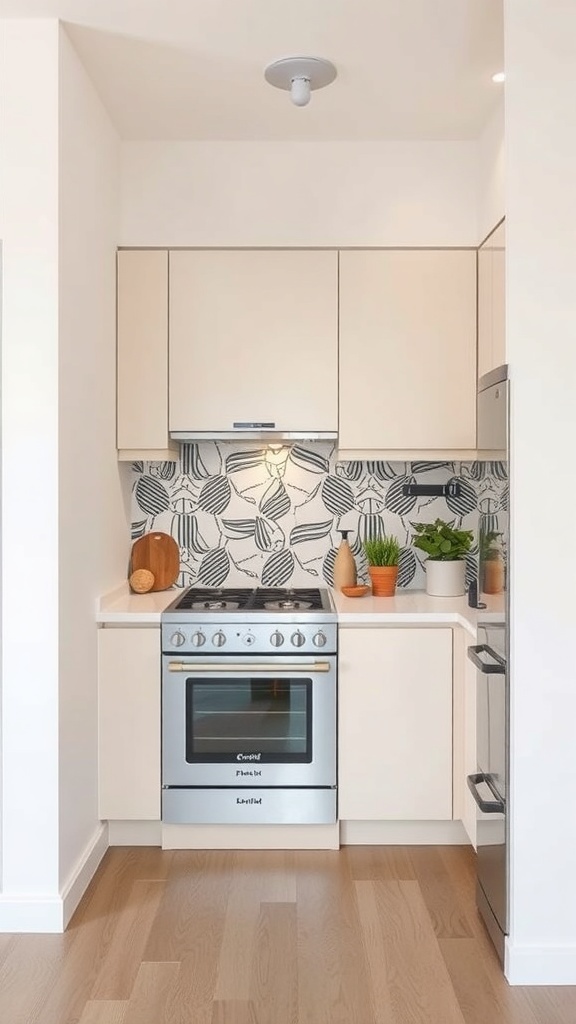 Stylish kitchen with a leaf-patterned backsplash and modern cabinetry
