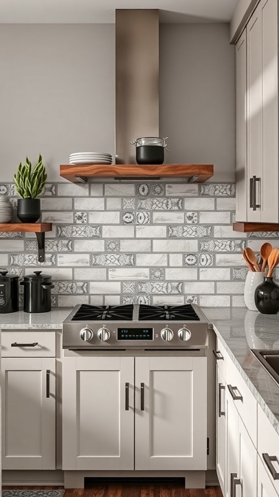 Stylish industrial farmhouse kitchen with patterned tile backsplash and wooden shelves.