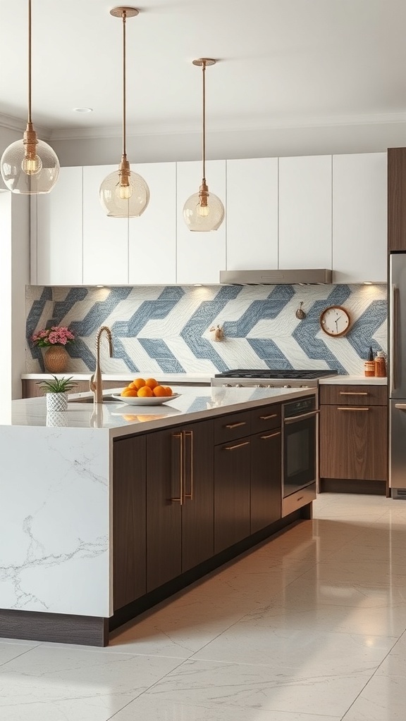 A modern kitchen with a blue chevron backsplash, dark wood cabinetry, and pendant lighting.