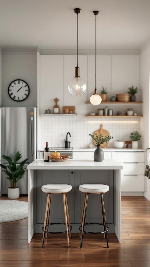 A modern kitchen with a stylish bar-height island, featuring two stools, pendant lights, and decorative plants.