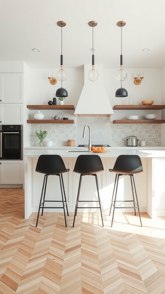 Stylish black bar stools in a modern kitchen with white cabinets and wooden flooring.