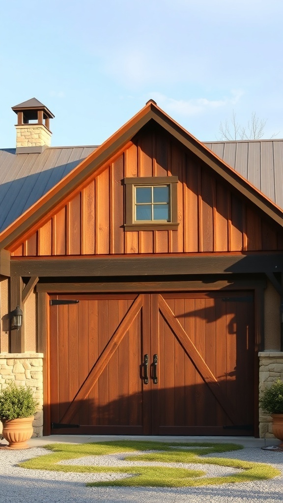 A stylish barn door on a rustic modern farmhouse exterior.