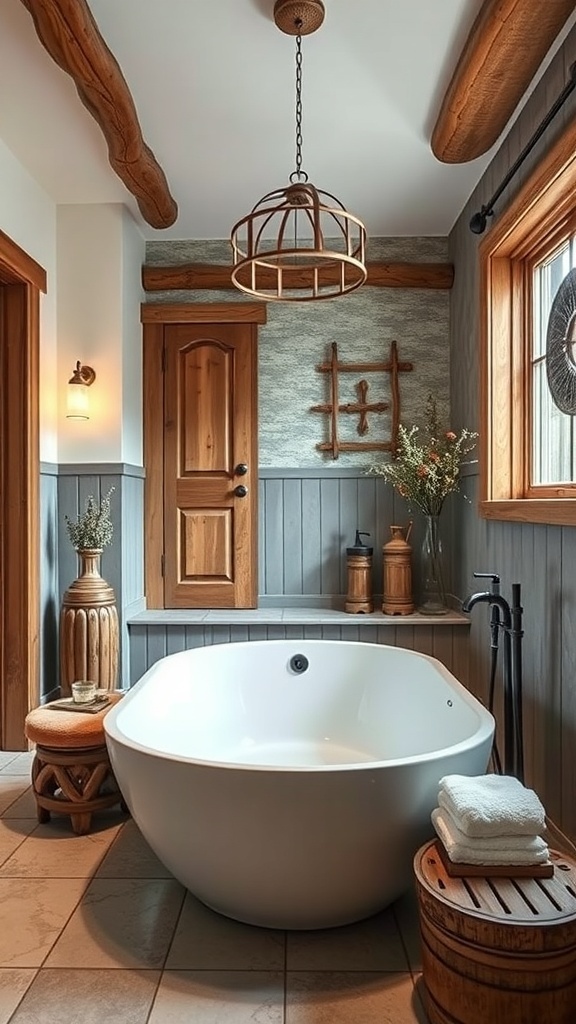 A stylish bathroom featuring a round white tub, wooden accents, and rustic decor.