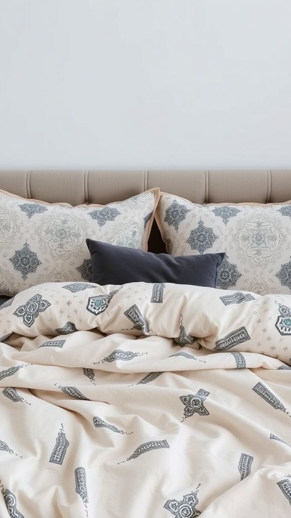 Stylish bedding set with decorative pillows on a bed.
