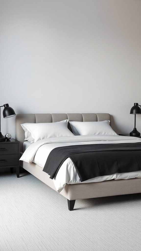 A stylish black nightstand next to a bed with white bedding and a black throw.