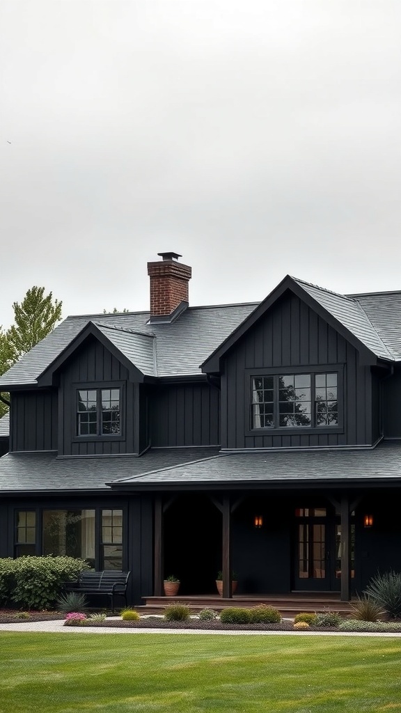 A stylish black modern farmhouse with a black roof and landscaped yard.