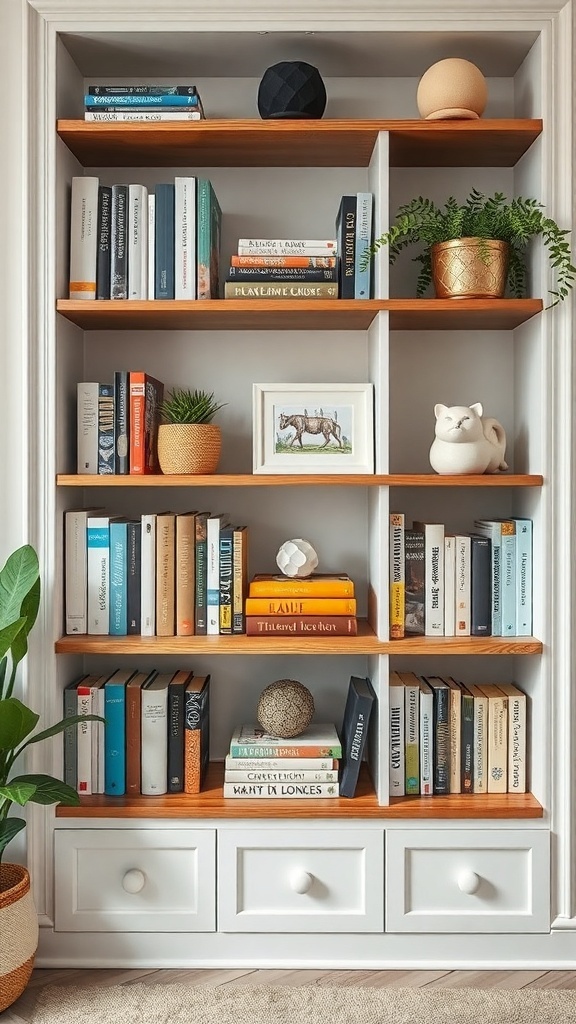A stylishly arranged bookshelf with books, plants, and decorative items.
