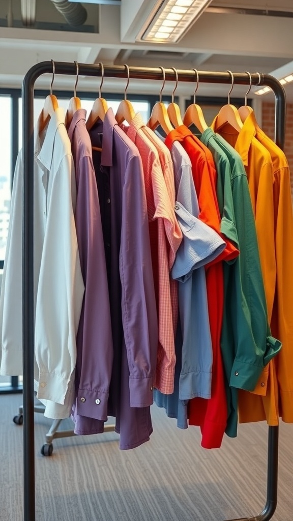 A variety of button-up shirts in different colors hanging on a rack
