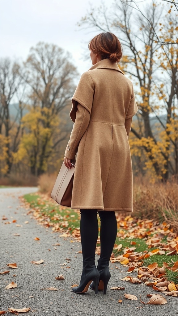 A woman wearing a stylish cape coat and heeled booties, walking on a path surrounded by autumn leaves.