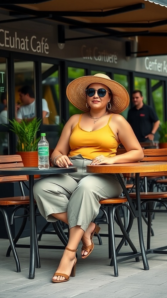 A woman wearing stylish capris and a yellow top, sitting at a café table with a water bottle.
