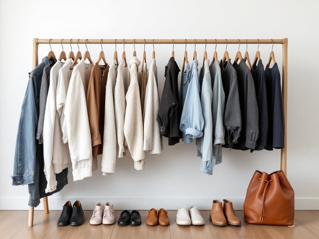 A stylish capsule wardrobe featuring a variety of neutral clothing items on a wooden rack, with shoes neatly arranged below.