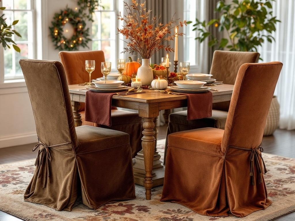 Stylish chair covers in earthy tones on dining chairs around a beautifully set Thanksgiving table.