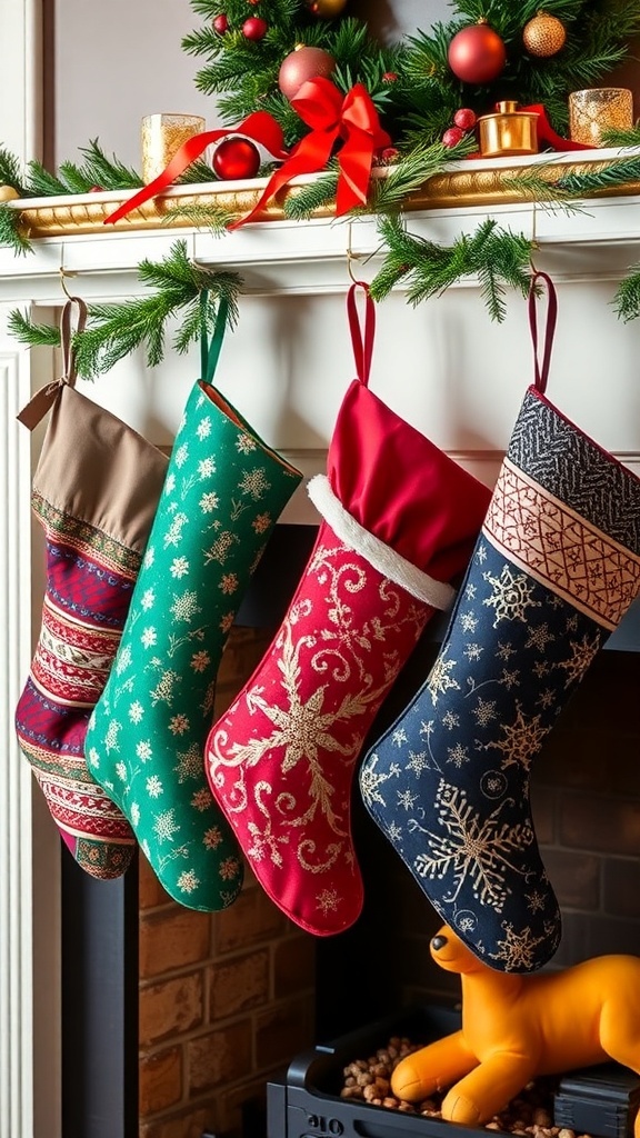 A collection of stylish Christmas stockings hanging by a fireplace, featuring various colors and patterns.