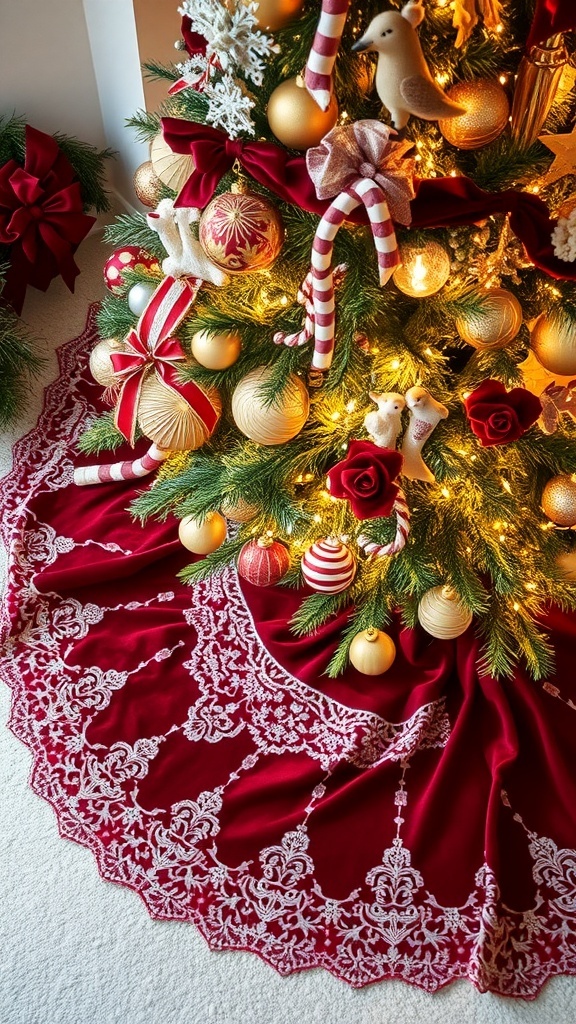 A Christmas tree with a rich red skirt featuring lace details, adorned with ornaments and lights.