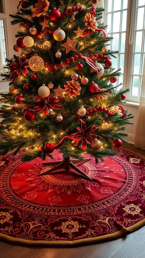A stylish red Christmas tree skirt with intricate designs, placed under a decorated Christmas tree.