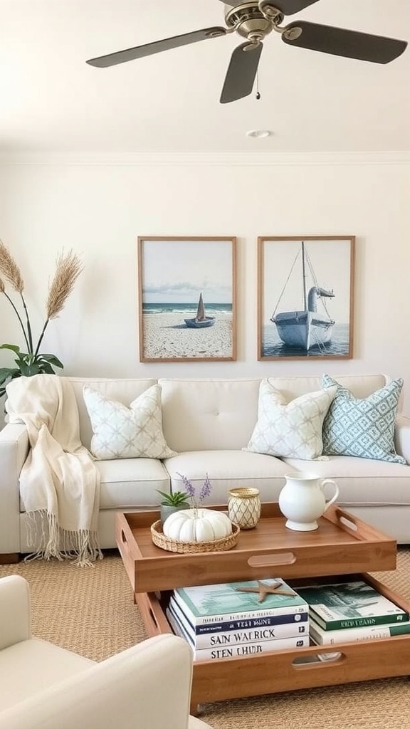 A cozy coastal living room with a white sofa, decorative pillows, and nautical-themed artwork.