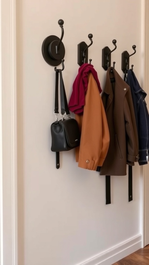 Stylish coat hooks on a wall with jackets and a bag hanging.