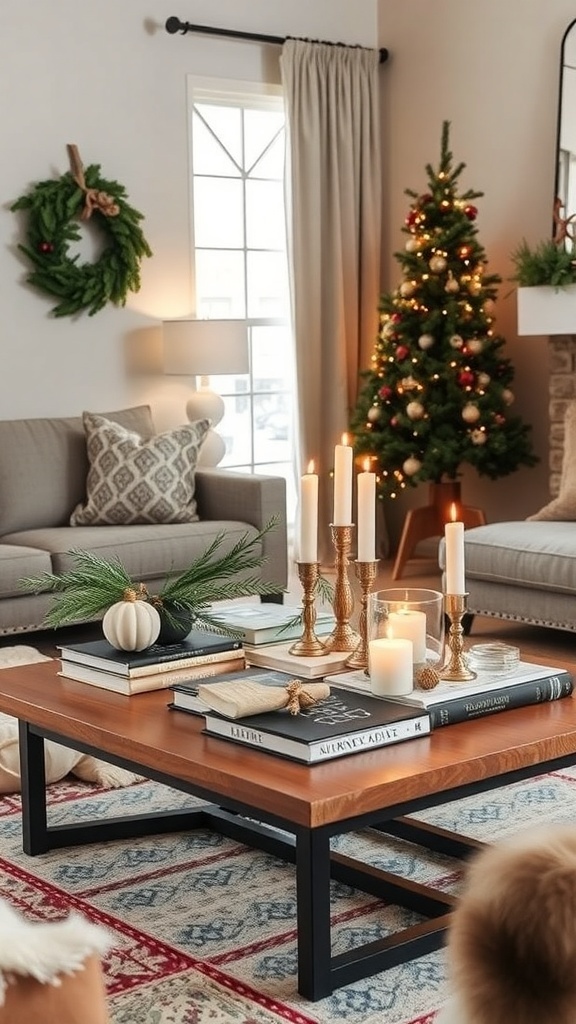 A cozy winter living room with a stylish coffee table display featuring candles, books, and seasonal decor.