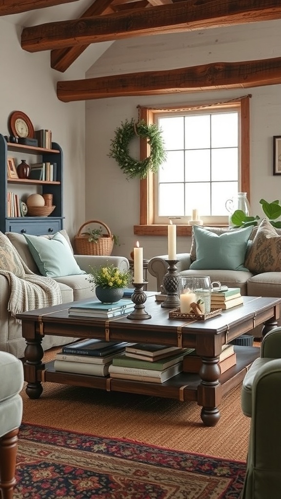 A modern rustic living room featuring a stylish coffee table with books and candles.