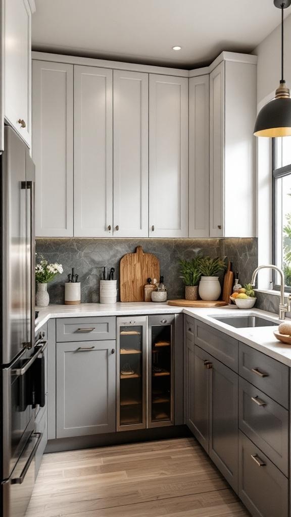 Stylish kitchen corner with gray cabinets and natural decor