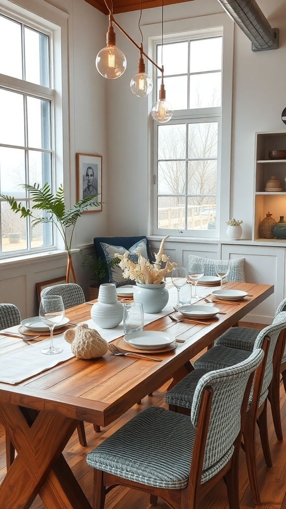 Stylish dining area featuring a wooden table, textured chairs, and beach-themed decor.