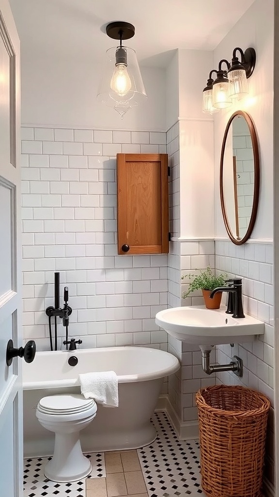 A stylish farmhouse bathroom featuring white tiles, a vintage bathtub, and modern fixtures.