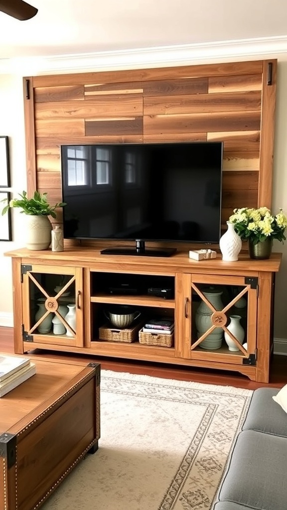 A stylish farmhouse entertainment center with a wooden finish, featuring a TV, decorative items, and storage space.