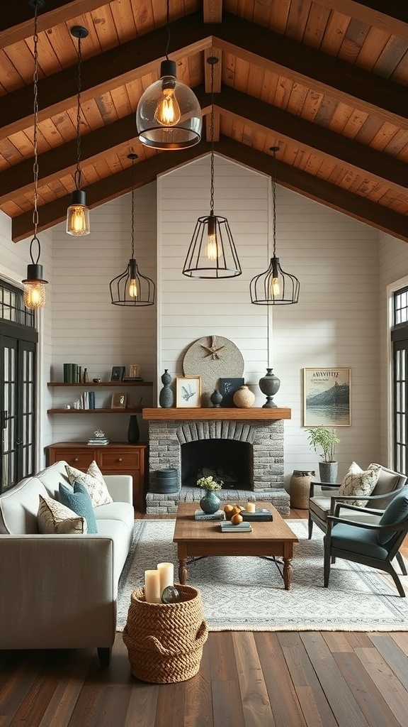 Cozy modern farmhouse living room with stylish lighting fixtures