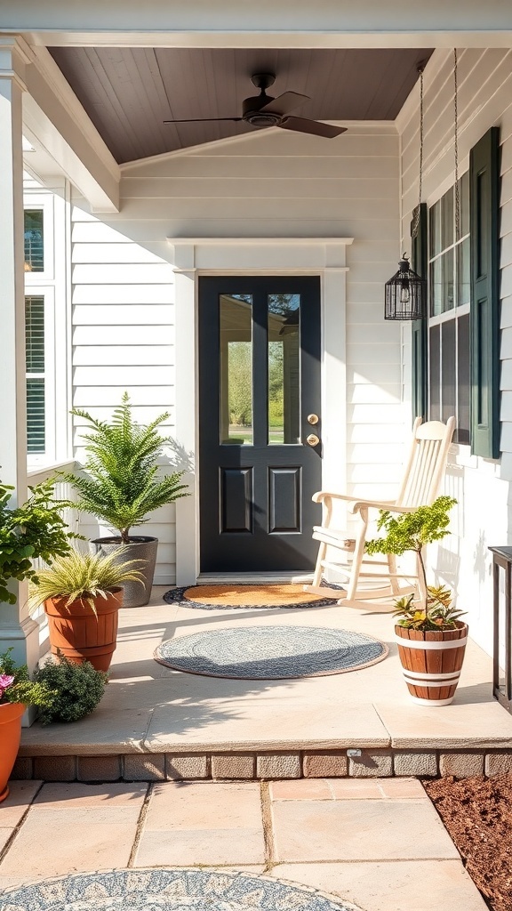 A modern farmhouse porch featuring a black door, rocking chair, and potted plants.