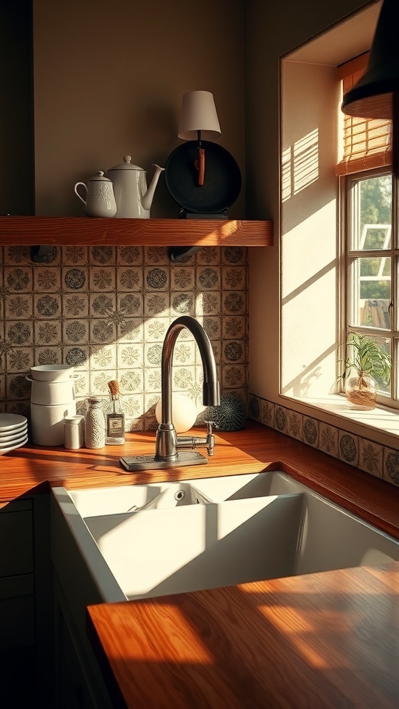 Stylish faucet above a farmhouse kitchen sink with a decorative backsplash.