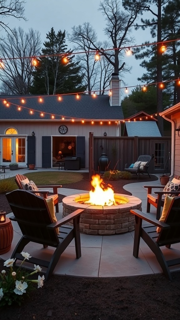A modern farmhouse backyard featuring a stylish fire pit area with seating and string lights.