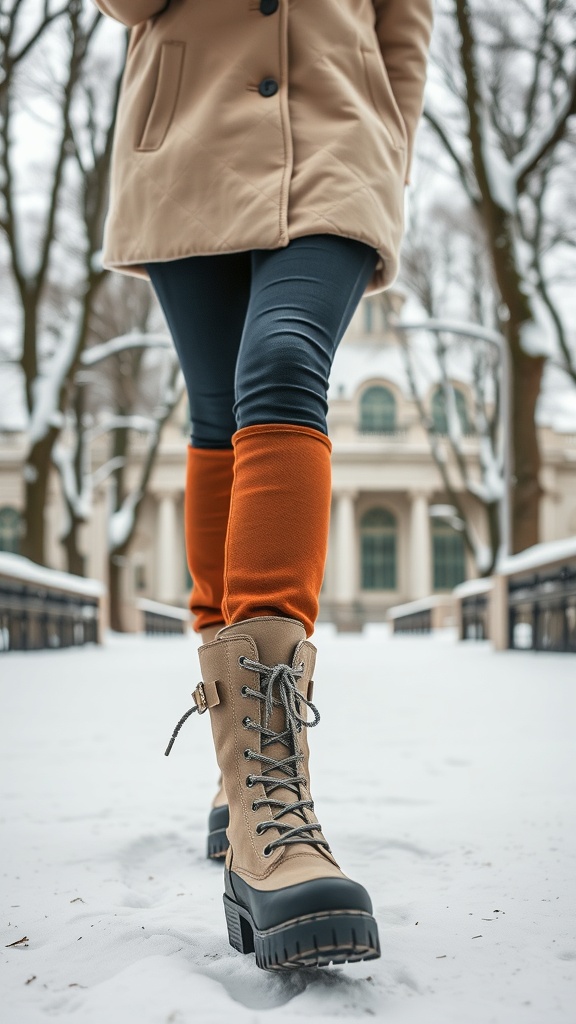 A woman walking in the snow wearing tan lace-up boots and black leggings.