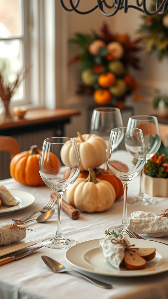 A modern Thanksgiving table featuring stylish glassware, pumpkins, and elegant table settings.