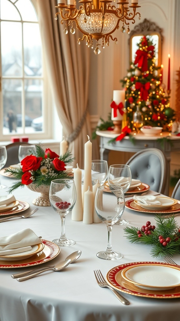 A beautifully set dining table for Christmas with elegant plates, glasses, and festive decorations.