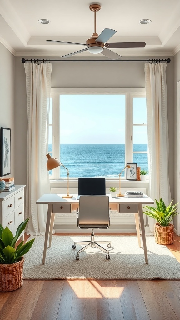 A stylish home office with a desk, chair, and ocean view.