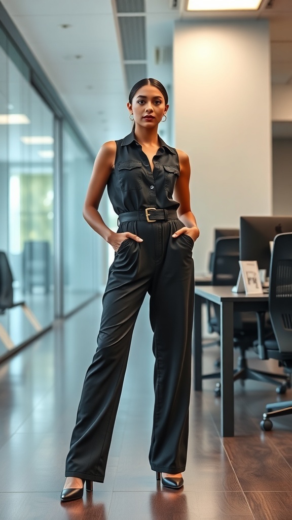 A woman in a black jumpsuit standing confidently in an office setting.
