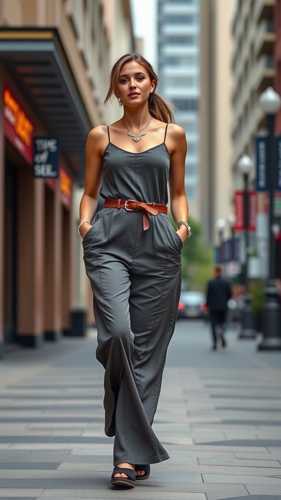 A young woman wearing a stylish gray jumpsuit with a belt, walking confidently in an urban setting.