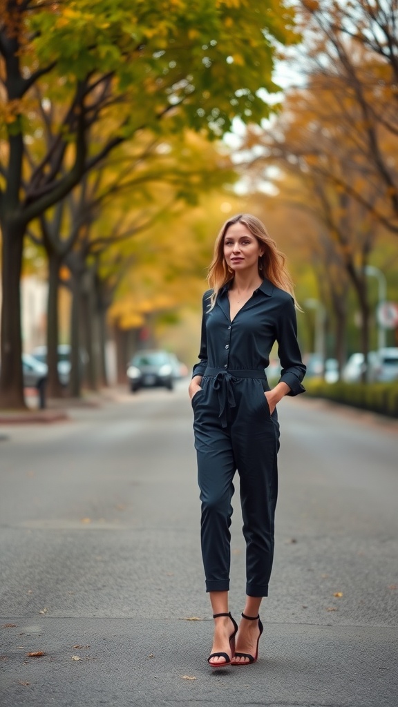 A woman wearing a stylish dark jumpsuit, standing on a tree-lined street in autumn.